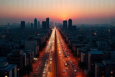 Aerial view of Kuwait City traffic at dusk